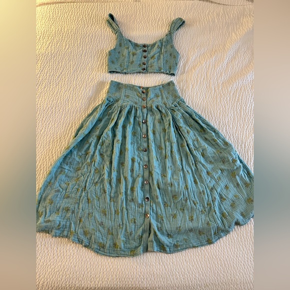 Free People Iris Corset Teal Button-Down Skirt Set Pinky Combo Nile Blue M L XL - Picture 5 of 10